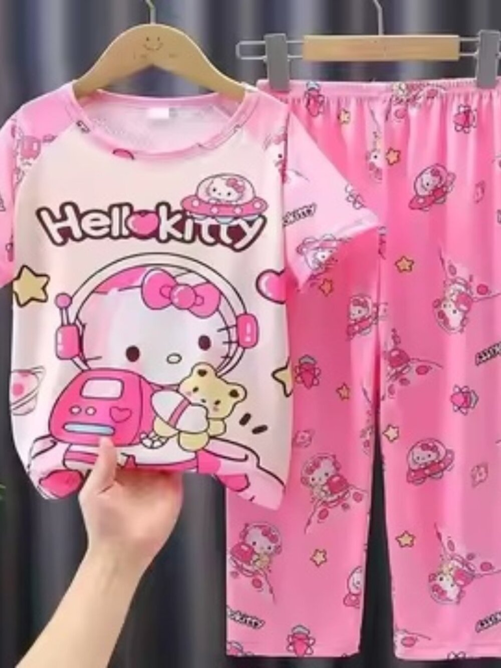 Girls Pink Kitty Cartoon Pajama Set Short Sleeve 2-Piece